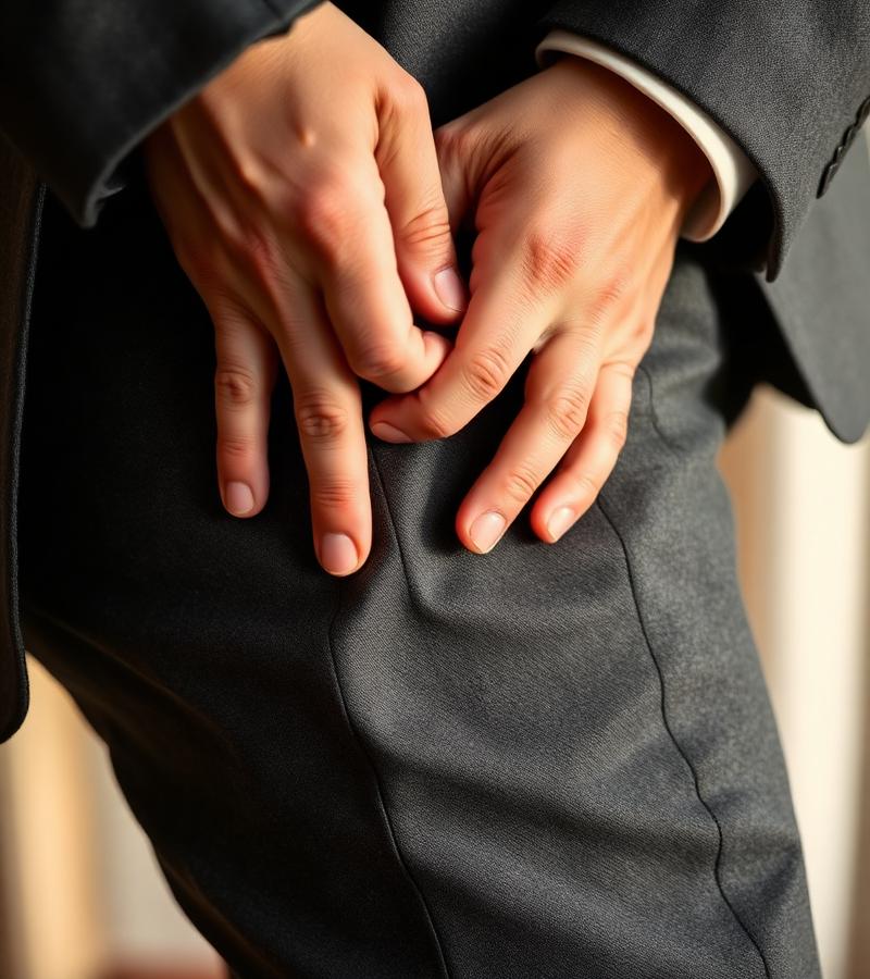 Hands pinning a hem on wool trousers