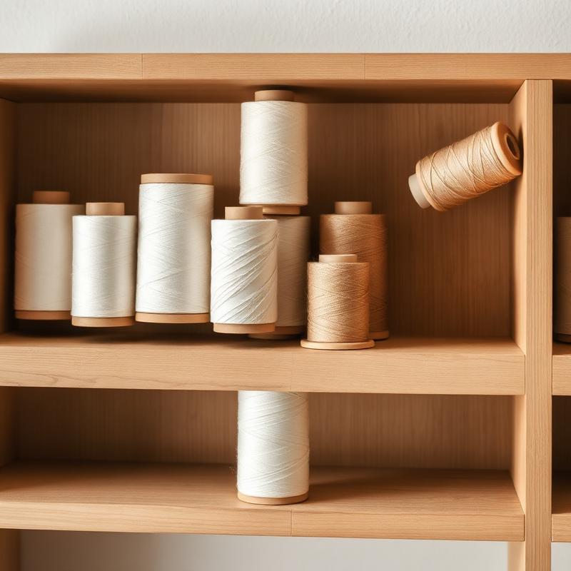 Spools of neutral thread on a shelf