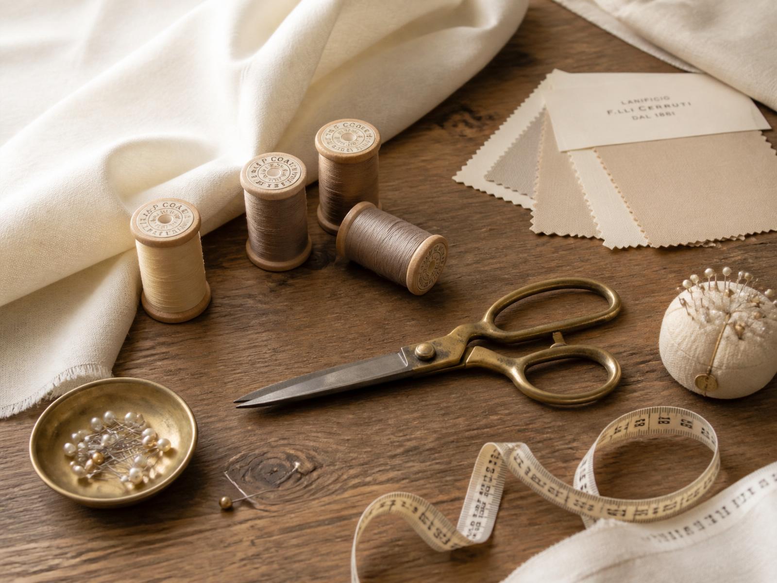 Elegant tailoring tools, fabric, and thread arranged on a wooden workspace